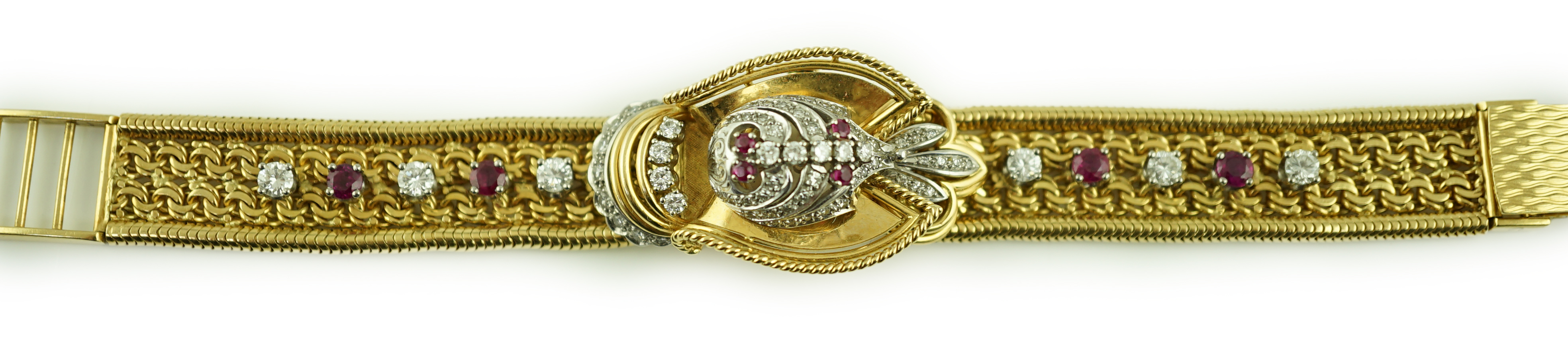 A lady's 18ct gold, ruby and diamond cluster set Rolex manual wind cocktail watch